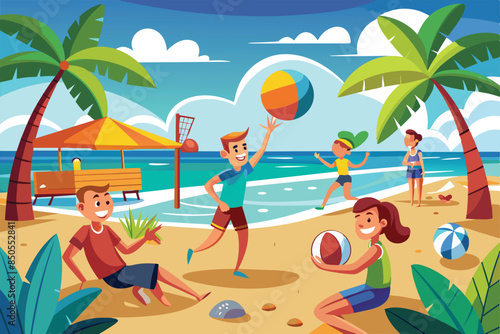 Cartoon illustration of four children playing beach volleyball on a sandy beach with palm trees, Beach volleyball Customizable Cartoon Illustration