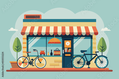 A cartoon illustration of a bicycle shop with a red and white striped awning, two bicycles parked outside, and a blue door, Bicycle shop Customizable Disproportionate Illustration