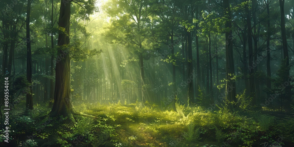 Obraz premium Within the dense forest, tall trees sway gracefully in the dappled sunlight, evoking a sense of tranquility.
