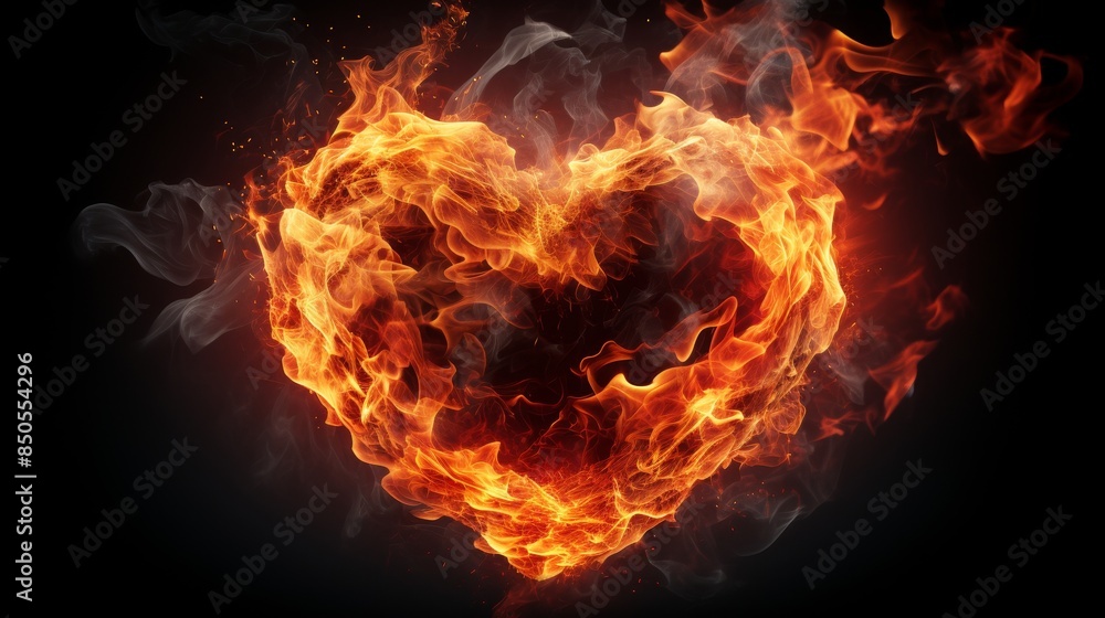 Fototapeta premium Burning heart shape in the fire isolated on dark background