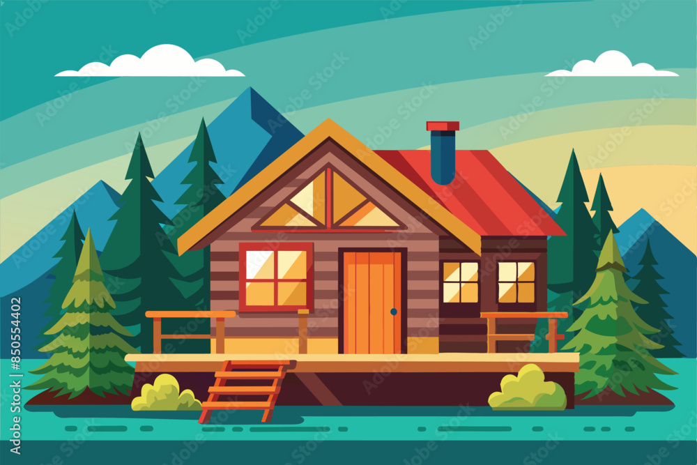 A semi-flat illustration of a customizable cabin set in a forest with mountains in the background, Cabin Customizable Semi Flat Illustration A semi-flat illustration of a customizable cabin set in a forest with mountains in the background, Cabin Customizable Semi Flat Illustration