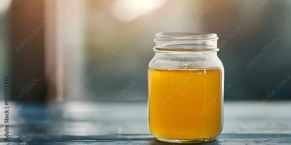 Beef bone broth in glass jar with collagen for protein building. Concept Cooking, Nutrition, Protein, Collagen, Bone Broth Beef bone broth in glass jar with collagen for protein building. Concept Cooking, Nutrition, Protein, Collagen, Bone Broth