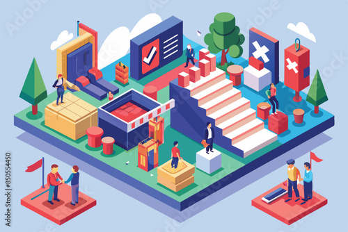 Canceled event illustration depicts people facing obstacles on their path to success, Cancelled event Customizable Isometric Illustration