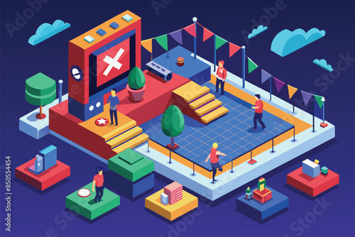 Illustration of a cancelled event with a red X on a screen, empty stands, and people leaving, Cancelled event Customizable Isometric Illustration