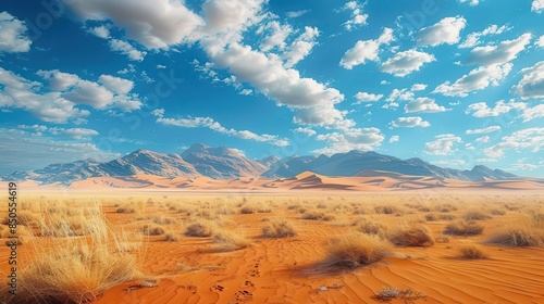 Expansive desert landscape with sand dunes and a clear blue sky, creating a serene and breathtaking view.