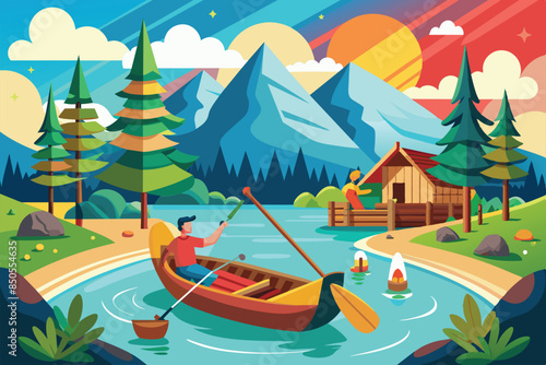 A man enjoys a peaceful canoe ride on a clear lake with towering mountains in the background, Canoeing Customizable Disproportionate Illustration