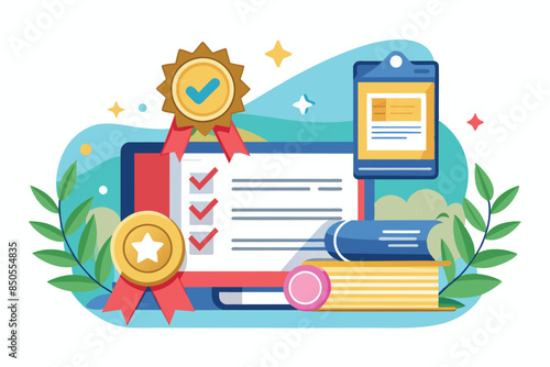 Digital certificate, checklist, awards, and books in a customizable online learning illustration, Certification Customizable Semi Flat Illustration