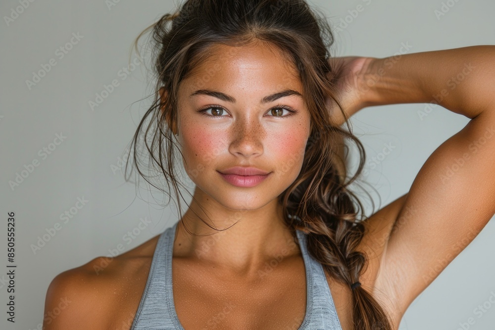 new health trend for  a fit woman flexing her muscles and smiling confidently. Perfect for fitness, health, and lifestyle promotions and advertising.