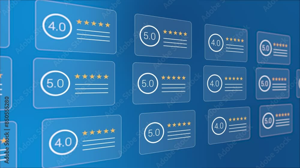 An animated reviews with four and five star rating. Customer satisfaction feedback survey concept. Service experience on online application or shop. E commerce, business marketing idea.