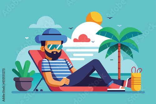 A man wearing a hat and sunglasses rests on a beach chair, enjoying the sunny day, Chilling Customizable Disproportionate Illustration