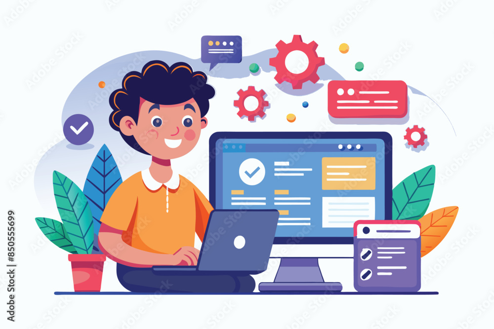 A cartoon illustration depicts a man smiling and reviewing code on his laptop, Code review Customizable Cartoon Illustration A cartoon illustration depicts a man smiling and reviewing code on his laptop, Code review Customizable Cartoon Illustration