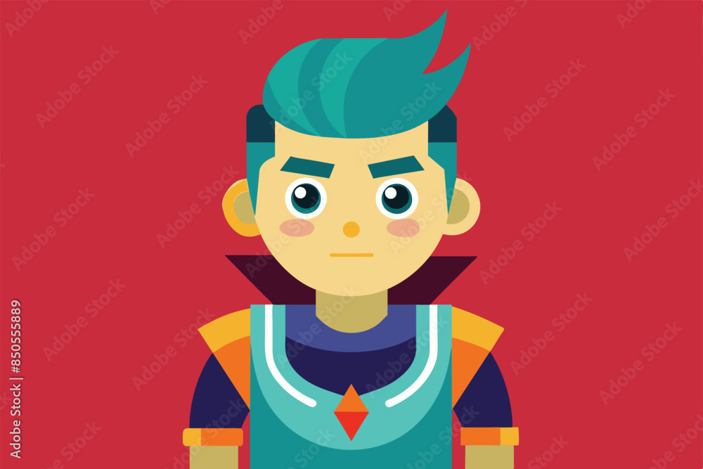 Cartoon boy with blue hair and serious face, in blue, orange, white outfit on red background, Confirmed Customizable Disproportionate Illustration Cartoon boy with blue hair and serious face, in blue, orange, white outfit on red background, Confirmed Customizable Disproportionate Illustration