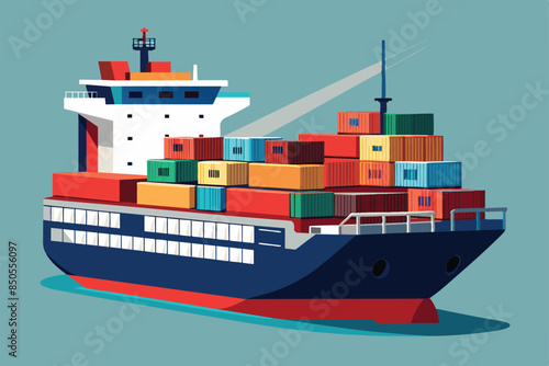 A large container ship with colorful cargo containers is sailing on the open ocean, Container ship Customizable Disproportionate Illustration