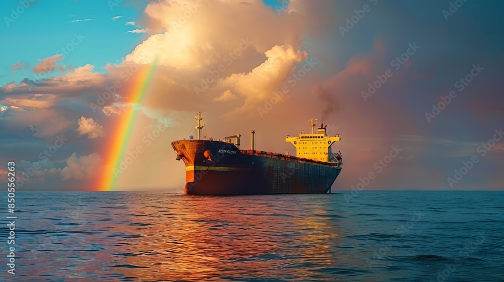 Naklejka premium Cargo Ship at Sea with a Rainbow in the Sky