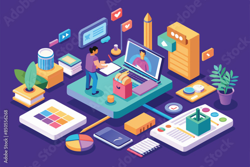 Content Creator Working On Laptop At Desk With Online Meeting, Content creator Customizable Isometric Illustration