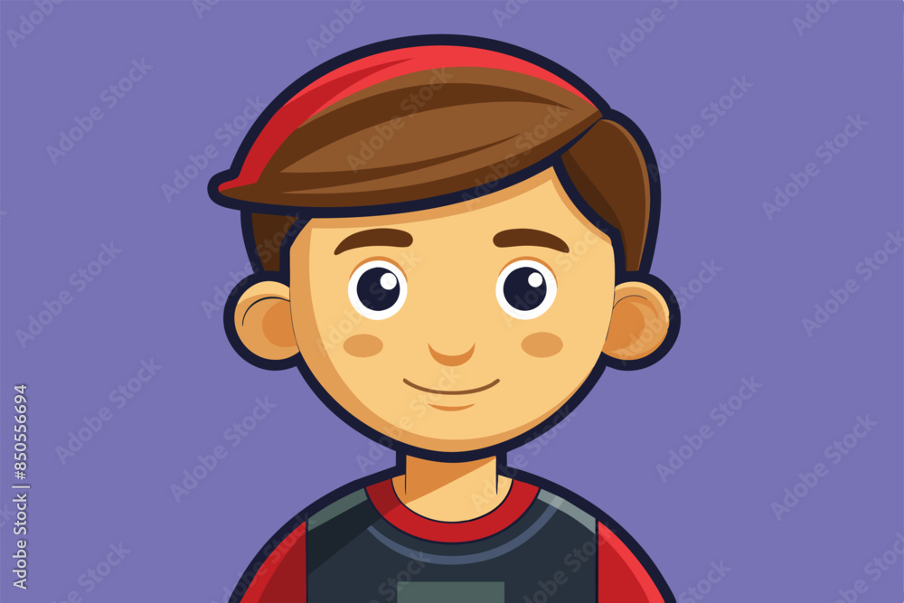 A cartoon illustration of a young boy with brown hair, wearing a red hat and shirt. He has a happy expression on his face, Creation Customizable Cartoon Illustration A cartoon illustration of a young boy with brown hair, wearing a red hat and shirt. He has a happy expression on his face, Creation Customizable Cartoon Illustration