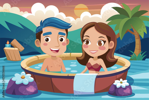 A cartoon couple relaxes in a hot tub at sunset, Couple in a jacuzzi Customizable Cartoon Illustration