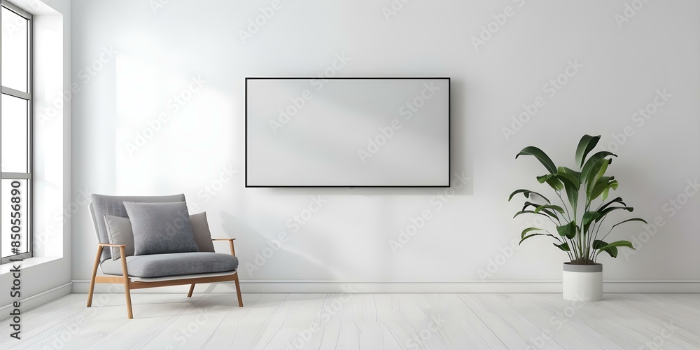 Minimalist living room with blank TV mockup on wall and grey armchair. Concept Home Decor, Minimalist Design, Living Room Ideas, Mockup Display, Interior Styling Minimalist living room with blank TV mockup on wall and grey armchair. Concept Home Decor, Minimalist Design, Living Room Ideas, Mockup Display, Interior Styling