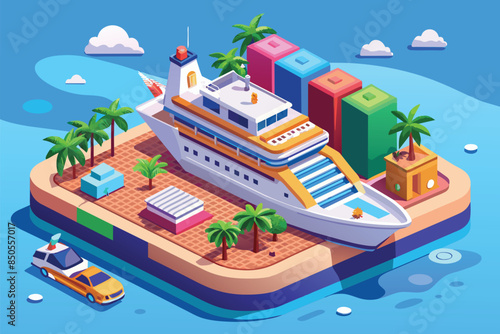 An isometric illustration depicting a luxurious cruise ship docked at a tropical island destination, Cruise Customizable Isometric Illustration