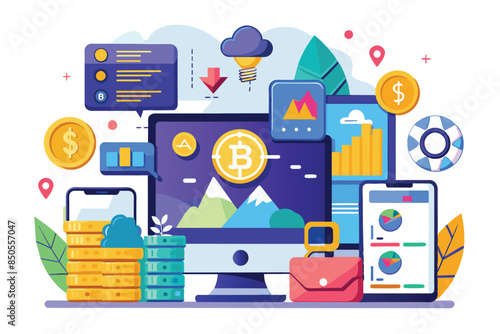Customizable crypto portfolio illustration with digital assets, charts, and financial indicators, Crypto portfolio Customizable Flat Illustration