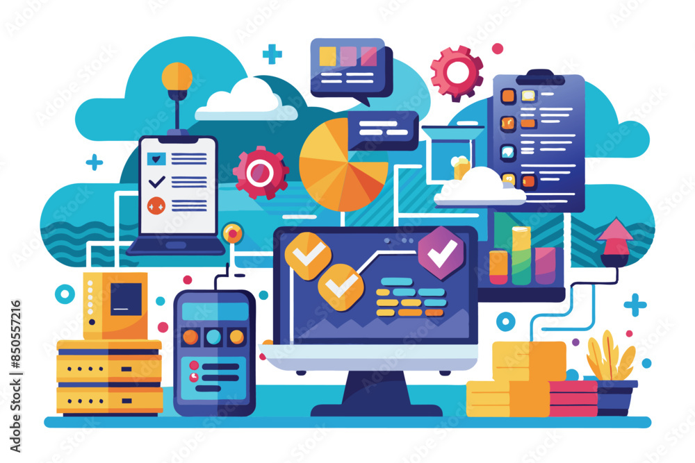 Illustration of data processing with customizable elements such as desktop, phone, server, and graphs, Data processing Customizable Semi Flat Illustration Illustration of data processing with customizable elements such as desktop, phone, server, and graphs, Data processing Customizable Semi Flat Illustration
