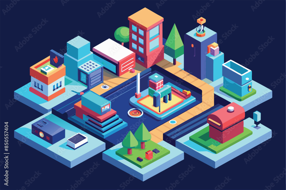 A colorful isometric illustration of a modern city with various buildings, trees, and roads, Design inspiration Customizable Isometric Illustration A colorful isometric illustration of a modern city with various buildings, trees, and roads, Design inspiration Customizable Isometric Illustration