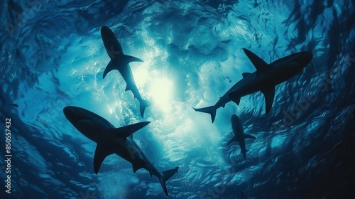 Sharks swimming in the ocean, showcasing their powerful presence and beauty photo
