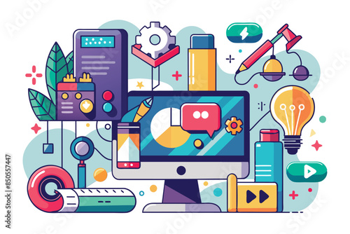 An illustration of a design process with various customizable elements and a disproportionate style, Design process Customizable Disproportionate Illustration