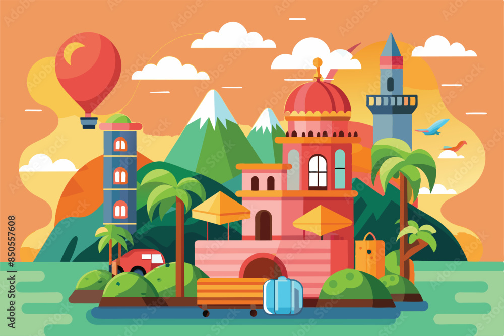Fototapeta premium A cartoon illustration of a seaside town with colorful buildings, mountains, palm trees, and a hot air balloon, Destination Customizable Cartoon Illustration
