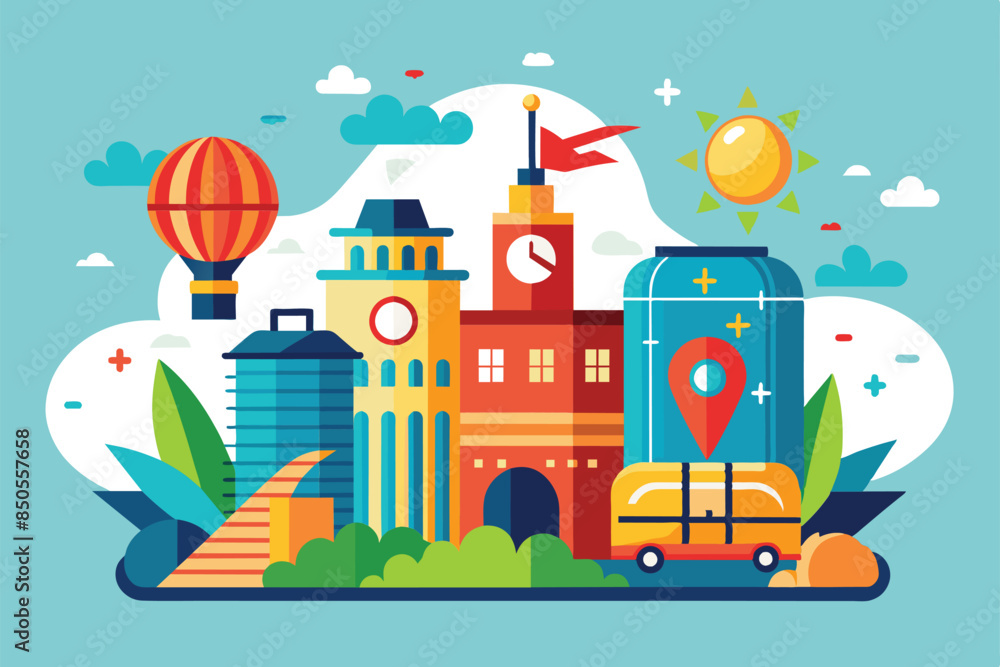 Fototapeta premium A flat illustration depicting a sunny day trip to a city with a hot air balloon, luggage, and a bus, Destination Customizable Flat Illustration