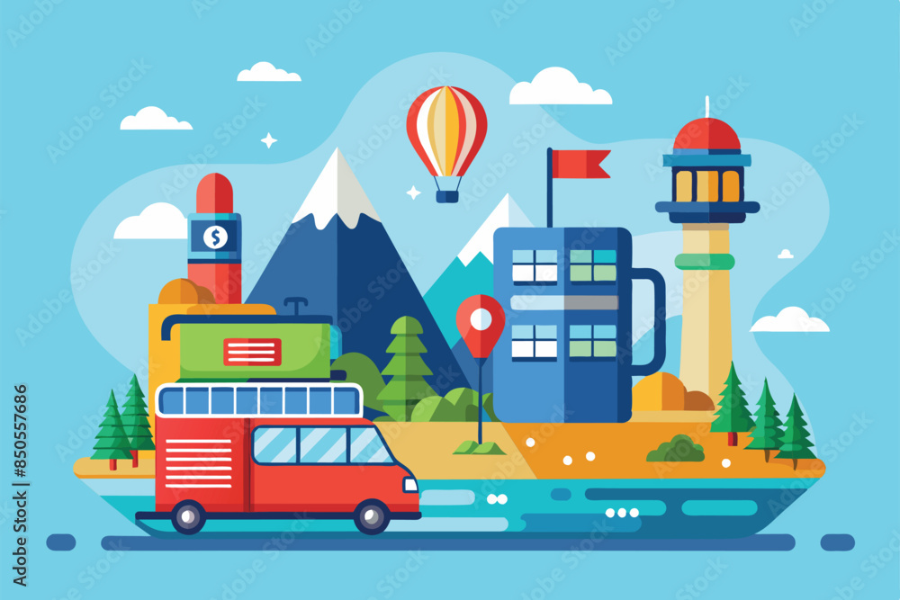 Flat illustration of a camper van driving through mountains towards a city skyline, Destination Customizable Semi Flat Illustration Flat illustration of a camper van driving through mountains towards a city skyline, Destination Customizable Semi Flat Illustration