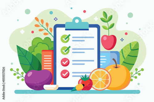 Illustration of a checklist with checkmarks and healthy food items, Diet Customizable Semi Flat Illustration