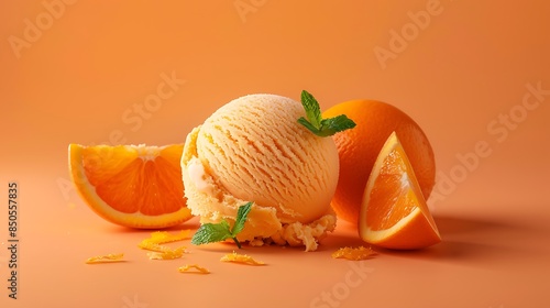 Scoop of orange ice cream isolated on orange background