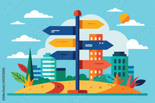 An illustration of a colorful directional signpost in a city park with buildings, trees, and clouds, Directions Customizable Disproportionate Illustration