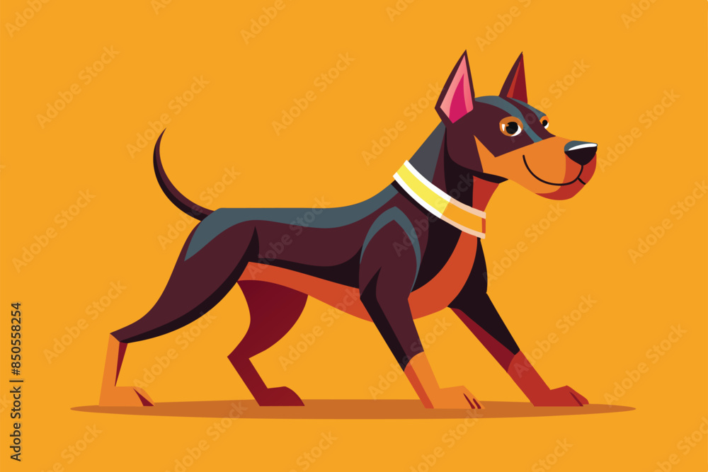 A smiling black and tan dog with a golden collar walks on an orange background, Dog walking Customizable Semi Flat Illustration A smiling black and tan dog with a golden collar walks on an orange background, Dog walking Customizable Semi Flat Illustration