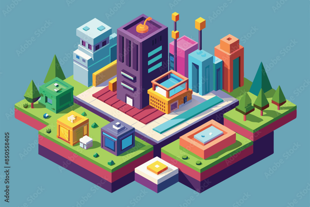 A digital illustration of a modern cityscape with buildings, trees, and a pool, presented in an isometric style, Done Customizable Isometric Illustration A digital illustration of a modern cityscape with buildings, trees, and a pool, presented in an isometric style, Done Customizable Isometric Illustration