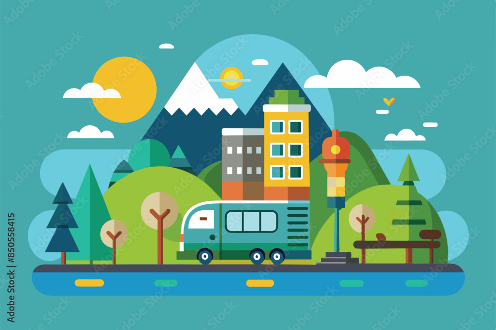 Fototapeta premium Illustration depicting a town with a bus, buildings, trees, mountains, and a river, Done Customizable Semi Flat Illustration