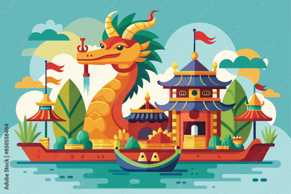 Naklejka premium A colorful illustration of a dragon boat with a pagoda and decorative elements, celebrating the Dragon Boat Festival, Dragon boat festival Customizable Disproportionate Illustration