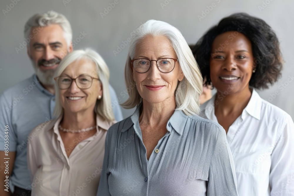 Portrait of smiling senior woman with group of diverse senior friends standing together at home Portrait of smiling senior woman with group of diverse senior friends standing together at home