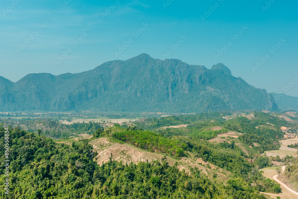 Panorama view of the karst mountain landscapes of the surroundings of Vang Vieng, Laos