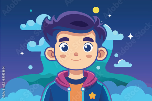 A cartoon illustration of a boy smiling against a night sky with stars and clouds, Dreamer Customizable Cartoon Illustration