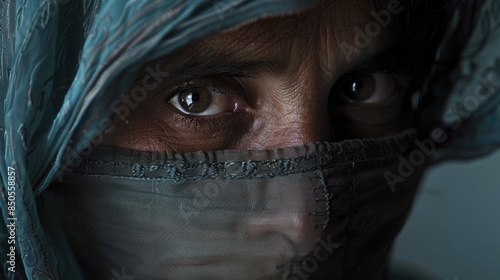 A close-up shot of a person wearing a veil, suitable for use in mystery or thriller scenes