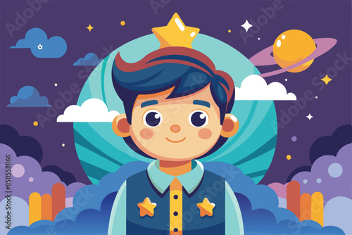A cartoon illustration of a smiling boy wearing a star crown and looking up at the night sky with stars and planets, Dreamer Customizable Cartoon Illustration