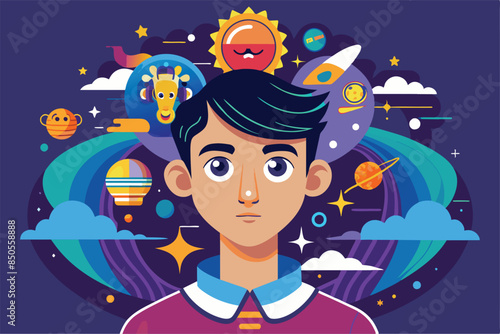 Colorful illustration of a boy surrounded by stars, planets, a hot air balloon, and other whimsical imagery, Dreamer Customizable Disproportionate Illustration