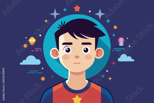A cartoon illustration of a young boy dreaming with stars and light bulbs, Dreamer Customizable Disproportionate Illustration