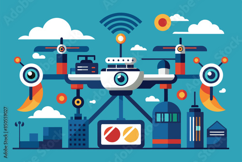 Drone hovering over city with camera, wifi, and landing gear in a flat illustration, Drone surveillance Customizable Flat Illustration