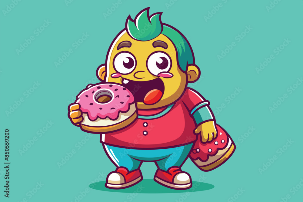 A cheerful cartoon boy with green hair eats a pink donut with sprinkles, holding another in his hand, Eating donuts Customizable Cartoon Illustration A cheerful cartoon boy with green hair eats a pink donut with sprinkles, holding another in his hand, Eating donuts Customizable Cartoon Illustration