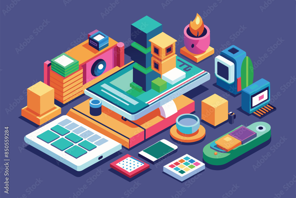 A vibrant isometric illustration showcasing modern technology devices, including a laptop, smartphone, camera, and more, Edit photo Customizable Isometric Illustration A vibrant isometric illustration showcasing modern technology devices, including a laptop, smartphone, camera, and more, Edit photo Customizable Isometric Illustration
