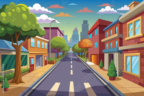 Cartoon illustration of an empty street in a city, Empty street Customizable Cartoon Illustration