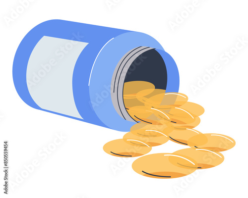 The pills spilled out of the bottle. Omega 3 vitamin. There is an open can. Yellow transparent capsules. Flat vector illustration, eps10